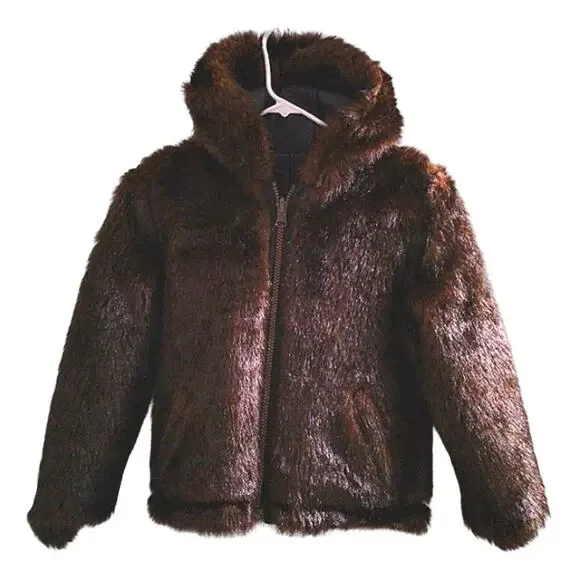 REVERSIBLE Jacket Faux Fur GIRLS Size 7 BROWN Bomber Coat Hooded Faux Leather